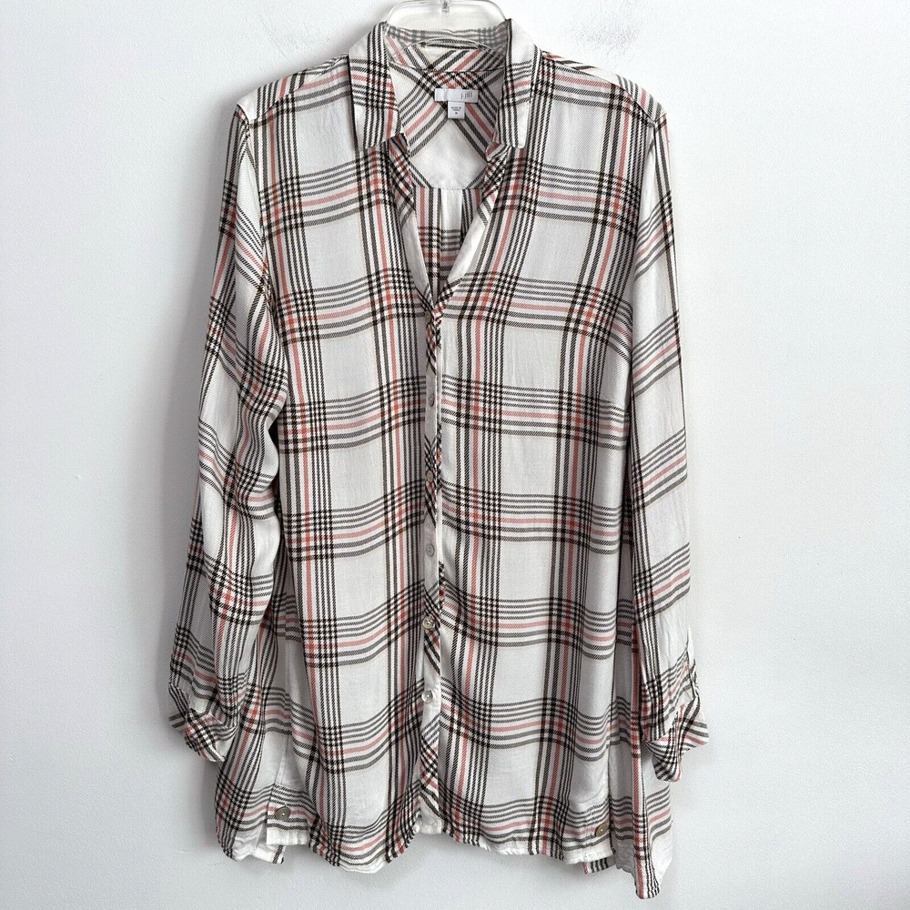 J Jill Blouse Shirt M Rayon Long Sleeve Plaid Button Front V Neck Casual Relaxed